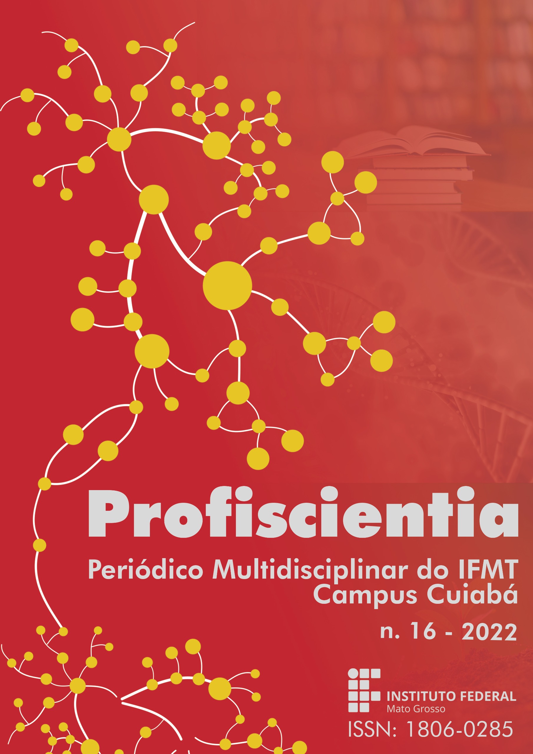 A capa da revista Profiscientia traz a imagem representativa de uma rede, que é um padrão presente na natureza. Este volume 15 do ano de 2021 tem fundo vermelho com pontos amarelos e conexões brancas.ite.
