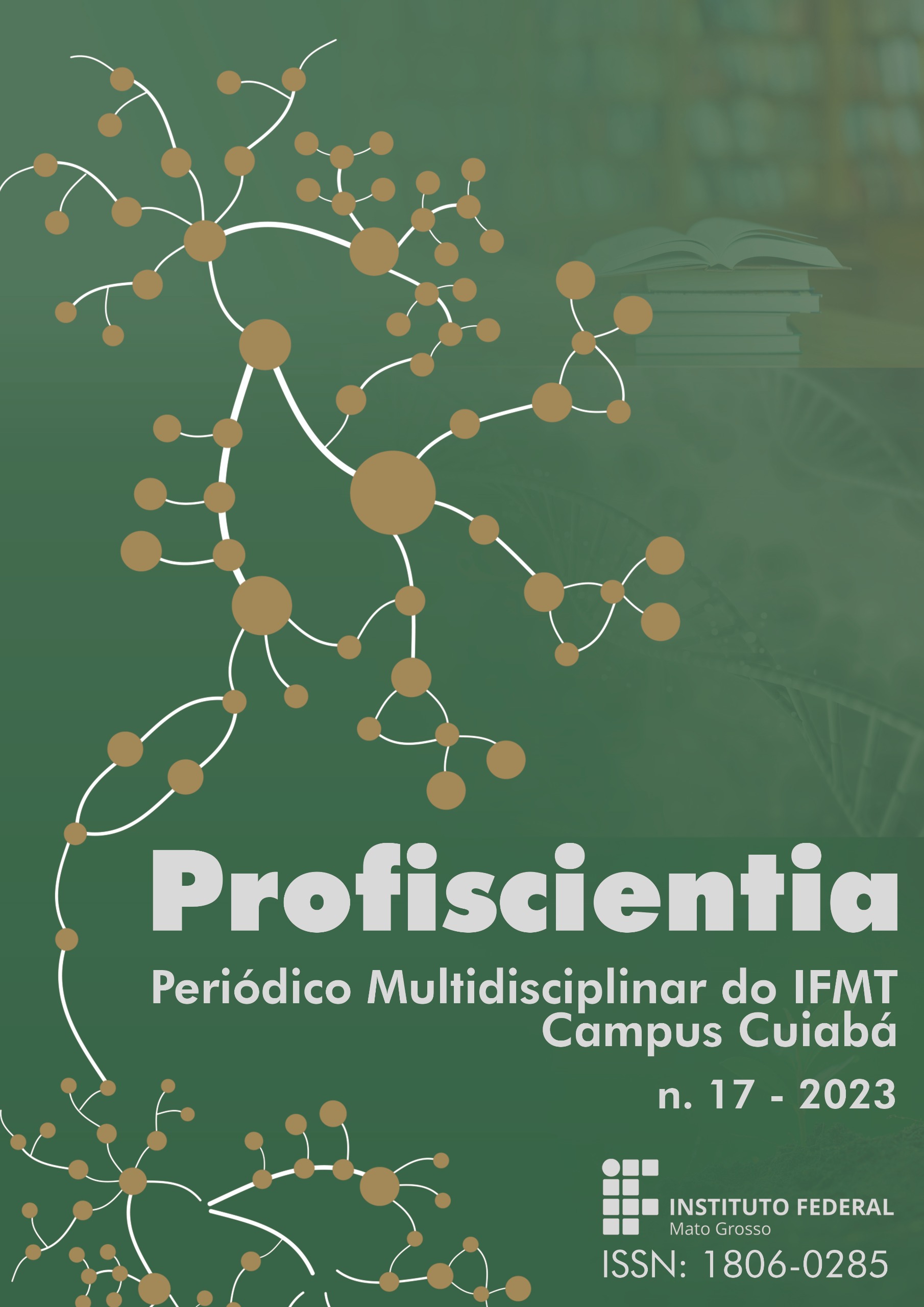 A capa da revista Profiscientia traz a imagem representativa de uma rede, que é um padrão presente na natureza. Este volume 17 do ano de 2023 tem fundo verde oliva e dourado com pontos e conexões brancas.