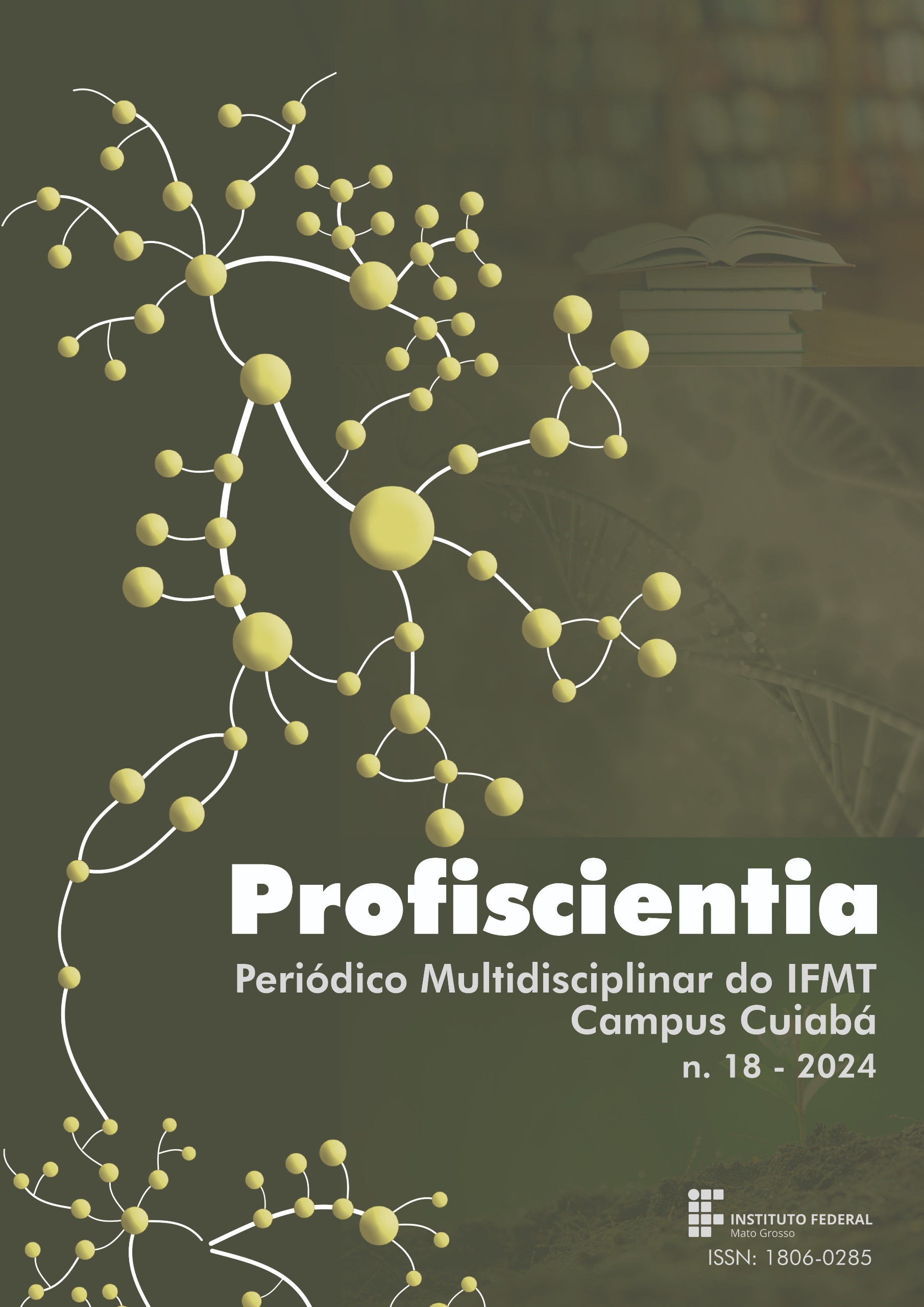 A capa da revista Profiscientia traz a imagem representativa de uma rede, que é um padrão presente na natureza. Este volume 18 do ano de 2024 tem fundo verde oliva com pontos amarelos e conexões brancas.